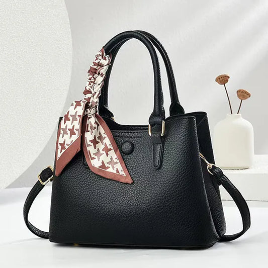 Black Bow Lychee-Pattern Handbag with Strap