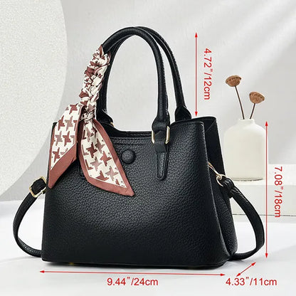 Black Bow Lychee-Pattern Handbag with Strap