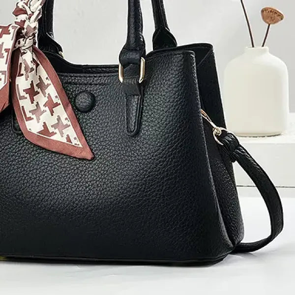 Black Bow Lychee-Pattern Handbag with Strap