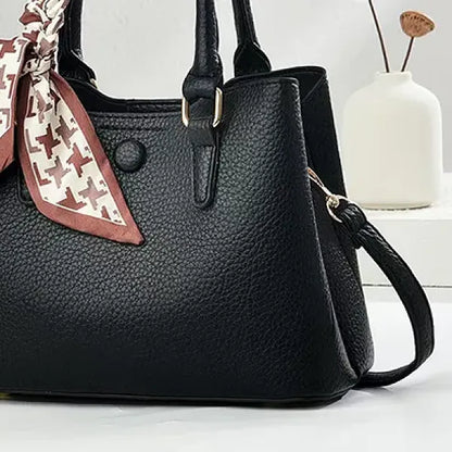 Black Bow Lychee-Pattern Handbag with Strap
