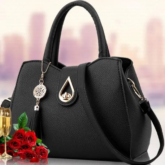 Classy Black Girls Handbag Synthetic Leather with Twist Lock Strap Shoulder Double Handle Women Bags