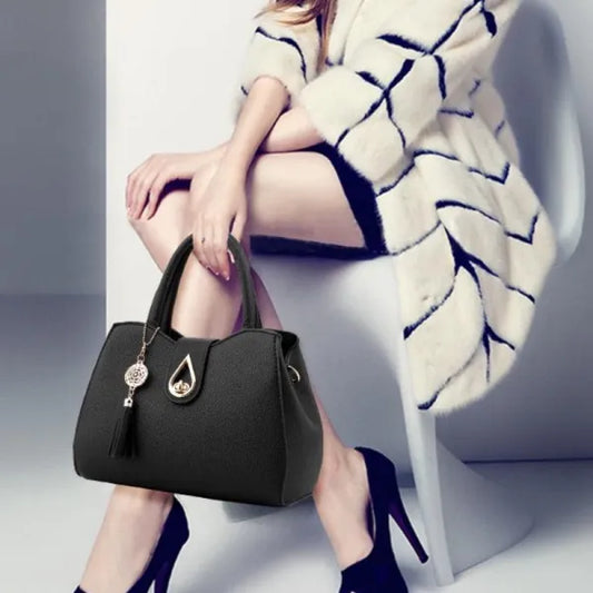 Classy Black Girls Handbag Synthetic Leather with Twist Lock Strap Shoulder Double Handle Women Bags